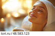 A woman relaxes during a luxurious spa session, surrounded by candlelight, enjoying tranquility and soothing treatments that rejuvenate her skin. Стоковое AI-изображение, AI-художник Данила Большаков / Фотобанк Лори