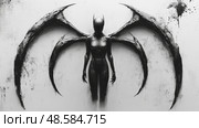 A mysterious figure with large black wings stands alone, casting shadows on a textured, dark background, evoking a sense of enigma and allure. Стоковое AI-изображение, AI-художник Данила Большаков / Фотобанк Лори
