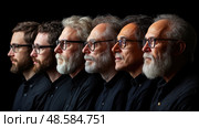 Six men with beards and glasses stand closely together, each showcasing different expressions and styles against a black backdrop. Стоковое AI-изображение, AI-художник Данила Большаков / Фотобанк Лори