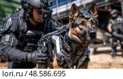 A man prepares a robot dog to work with criminals. Стоковое AI-изображение, AI-художник Ярославский Максим / Фотобанк Лори