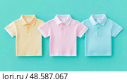 Pastel Polo Shirt Trio: A Fresh Collection of Apparel Essentials for Casual Outfits. Стоковое AI-изображение, AI-художник Данила Большаков / Фотобанк Лори
