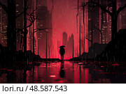 Alone person stands gracefully in the rain, sheltered by an umbrella, embracing the beauty and rhythm of the falling droplets. Стоковое AI-изображение, AI-художник Данила Большаков / Фотобанк Лори
