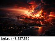Intense, dramatic image capturing an apocalyptic scene as a city is engulfed in flames beneath a tumultuous sky at dusk. Стоковое AI-изображение, AI-художник Данила Большаков / Фотобанк Лори