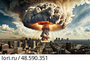 Ядерный взрыв с грибовидным облаком. Nuclear explosion with mushroom cloud. Стоковое AI-изображение, AI-художник Гер Олег / Фотобанк Лори