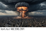 Ядерный взрыв с грибовидным облаком. Nuclear explosion with mushroom cloud. Стоковое AI-изображение, AI-художник Гер Олег / Фотобанк Лори