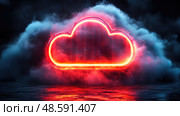 The glowing neon cloud symbol illuminates dark smoke, creating a mysterious mood in an otherworldly nighttime setting. Стоковое AI-изображение, AI-художник Данила Большаков / Фотобанк Лори