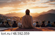 Contemplation: Guru and Disciples Meditating at Sunset in the Himalayas, Spirituality and Learning. Стоковое AI-изображение, AI-художник Данила Большаков / Фотобанк Лори