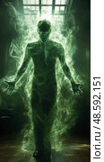 Ethereal Apparition: Spectral Entity Wreathed in Emerald Energy, a Vision of the Afterlife in a Haunted Chamber. Стоковое AI-изображение, AI-художник Данила Большаков / Фотобанк Лори