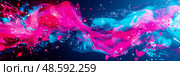 Fluid Abstract: A dynamic display of contrasting magenta and cyan hues, swirling with luminosity and sparkling fragments on a dark backdrop. Стоковое AI-изображение, AI-художник Данила Большаков / Фотобанк Лори