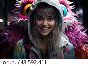 Happy young woman embrace her wild side as she wears striking costume featuring magnificently colorful bird perched atop her head. Стоковое AI-изображение, AI-художник Данила Большаков / Фотобанк Лори