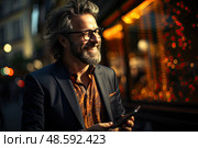 Happy mature man with a distinguished beard and glasses fully engrossed in his cell phone, exploring a world of infinite possibilities at his fingertips. Стоковое AI-изображение, AI-художник Данила Большаков / Фотобанк Лори