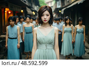Asian woman in blue dress stands confidently in front of a diverse group of people, captivating their attention and exuding a powerful aura of empowerment. Стоковое AI-изображение, AI-художник Данила Большаков / Фотобанк Лори