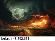Tempestuous Path: Captivating Painting of a Stormy Sky Embracing a Winding Road. Стоковое AI-изображение, AI-художник Данила Большаков / Фотобанк Лори