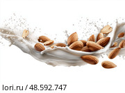 Almonds splash in fresh creamy milk against a white background. Миндаль в свежем сливочном молоке на белом фоне. Стоковое AI-изображение, AI-художник Katsiaryna Repich / Фотобанк Лори