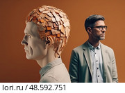 Thoughtful man stands in silent contemplation next to an expressionless mannequin head, blurring the boundaries of reality and imagination. Стоковое AI-изображение, AI-художник Данила Большаков / Фотобанк Лори