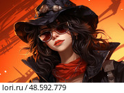 Enchantingly Cool: woman casts spell on fashion with her captivating look, donning stylish witches hat and sunglasses. Стоковое AI-изображение, AI-художник Данила Большаков / Фотобанк Лори