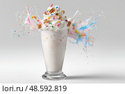 Decadent dessert showcases vibrant splash of milk and toppings. коктейль, десерт яркие брызги молока и начинки. Стоковое AI-изображение, AI-художник Katsiaryna Repich / Фотобанк Лори