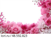 Ornate Floral Border with Soft Pink Roses, Elegant Advertisement Flyer Design, copy space. Витиеватая цветочная рамка с нежно-розовыми розами, элегантный дизайн рекламного флаера, место для копирования. Стоковое AI-изображение, AI-художник Katsiaryna Repich / Фотобанк Лори