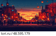 A lively Halloween event unfolds at sunset with bright pumpkins, colorful decorations, and crowds of people enjoying the atmosphere. Стоковое AI-изображение, AI-художник Данила Большаков / Фотобанк Лори