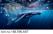 Plastic pollution in the ocean is an environmental problem. Whales swim among plastic waste in the ocean. A global problem, a threat to ocean wildlife and calling for urgent action to protect the environment. Стоковое AI-изображение, AI-художник ALLA YURTAYEVA / Фотобанк Лори