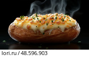 Baked potato topped with cheese, bacon, and herbs served hot on a platter. Запеченный картофель с сыром, беконом и зеленью, подается горячим на блюде. Стоковое AI-изображение, AI-художник Katsiaryna Repich / Фотобанк Лори