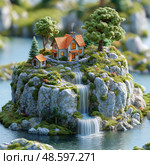 Whimsical Isometric Treehouse on Stilts, Miniature Forest Escape with Ladder & Balcony. Стоковое AI-изображение, AI-художник Katsiaryna Repich / Фотобанк Лори