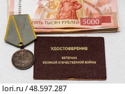 Медаль "За боевые заслуги", пачка денег и удостоверение ветерана. Стоковое фото, фотограф Игорь Низов / Фотобанк Лори