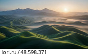 Serene Verdant Hills at Dawn: A Landscape of Rolling Green Fields and Distant Mountains Kissed by the Morning Light. Стоковое AI-изображение, AI-художник Данила Большаков / Фотобанк Лори