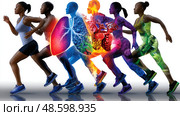 A group of people running in a line with a colorful background. Стоковое AI-изображение, AI-художник Ярославский Максим / Фотобанк Лори