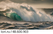 Large wave forcefully crashing into ocean under a cloudy sky, creating spectacle of power and intensity. Стоковое AI-видео, аниматор Данила Большаков / Фотобанк Лори