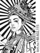 A stylized, black and white drawing showcases a woman adorned in detailed African garb with geometric background. Стоковое AI-изображение, AI-художник Данила Большаков / Фотобанк Лори