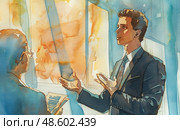 A painting depicting two men in suits engaged in conversation. Стоковое AI-изображение, AI-художник Данила Большаков / Фотобанк Лори