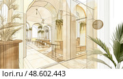 A drawing of a hallway with a prominent clock hanging on the wall, casting shadows across the floor. Стоковое AI-изображение, AI-художник Данила Большаков / Фотобанк Лори