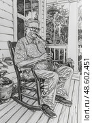 A serene moment as an elderly man enjoys playing his clarinet while sitting in a rocking chair on a cozy porch. Стоковое AI-изображение, AI-художник Данила Большаков / Фотобанк Лори
