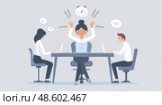 A businesswoman at her desk feels overwhelmed by multiple tasks, her colleagues demanding attention, and the pressure of time. Стоковое AI-изображение, AI-художник Данила Большаков / Фотобанк Лори