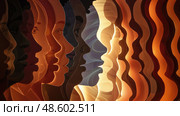 Multilayered cut-out art piece showcasing a range of human silhouettes against a gradient of warm tones, symbolizing diversity and unity. Стоковое AI-изображение, AI-художник Данила Большаков / Фотобанк Лори