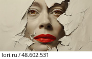 A womans face is visible through a hole in a wall, looking directly at the viewer. Стоковое AI-изображение, AI-художник Данила Большаков / Фотобанк Лори