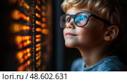 A young child with glasses looks out the window, mesmerized by the vibrant glow of city lights in the dark evening. Стоковое AI-изображение, AI-художник Данила Большаков / Фотобанк Лори