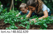 A young mother and her son joyfully tend to newly planted herbs in their thriving garden, enjoying quality time outdoors. Стоковое AI-изображение, AI-художник Данила Большаков / Фотобанк Лори