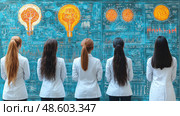 Five women in white coats stand with their backs to a vibrant wall, observing illustrations of light bulbs and brain concepts in a learning environment. Стоковое AI-изображение, AI-художник Данила Большаков / Фотобанк Лори