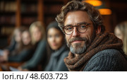 A man with glasses and curly hair sits contentedly in a library, surrounded by friends, creating a warm and inviting atmosphere. Стоковое AI-изображение, AI-художник Данила Большаков / Фотобанк Лори