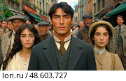 Three people stand confidently in a historic street, facing the camera while surrounded by a crowd of onlookers during the early 1900s. Стоковое AI-изображение, AI-художник Данила Большаков / Фотобанк Лори