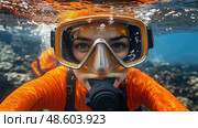 A snorkeler wearing an orange wetsuit and mask dives underwater, surrounded by colorful coral and bubbles, enjoying the ocean's beauty. Стоковое AI-изображение, AI-художник Данила Большаков / Фотобанк Лори