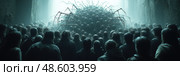 A large crowd gathers in fear as they face an enormous spider-like entity in a dark, eerie cave filled with suspense. Стоковое AI-изображение, AI-художник Данила Большаков / Фотобанк Лори