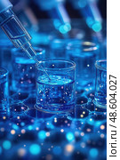 A laboratory technician carefully transfers a clear liquid into test tubes surrounded by bright blue lighting, showcasing a methodical experiment. Стоковое AI-изображение, AI-художник Данила Большаков / Фотобанк Лори