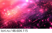 A vibrant digital landscape displays pink and purple particles intertwining, resembling intricate circuitry set in a cosmic background. Стоковое AI-изображение, AI-художник Данила Большаков / Фотобанк Лори
