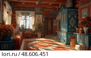 Interior of a cozy room in Russian style. Стоковое AI-изображение, AI-художник ALLA YURTAYEVA / Фотобанк Лори