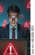 A person in a business suit working on a laptop with virtual icons related to warnings and errors, displaying a red exclamation sign in red triangle. Стоковое AI-видео, аниматор Sergey Grishin / Фотобанк Лори