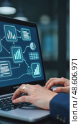A person in a business suit working on a laptop with virtual icons related to project management, featuring task lists analysis and business processes flowing chart. Стоковое AI-видео, аниматор Sergey Grishin / Фотобанк Лори