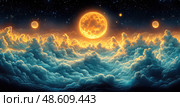 A stunning celestial landscape showcases a bright sun rising above billowing clouds, illuminated against a backdrop of twinkling stars at twilight. Стоковое AI-изображение, AI-художник Данила Большаков / Фотобанк Лори